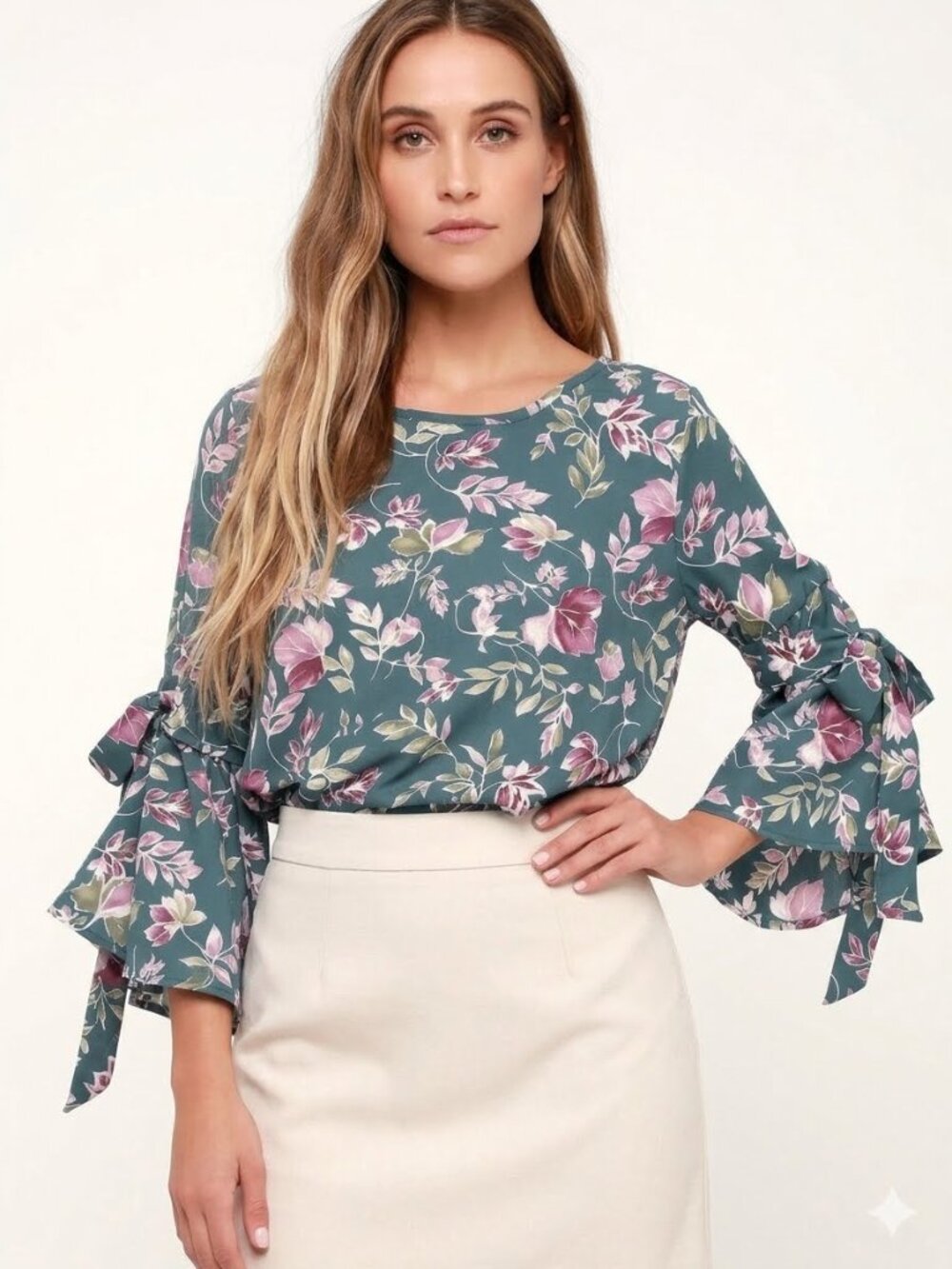 Lulu's Alva Teal Green Floral Print Tying Flounce Sleeve Blouse 4722